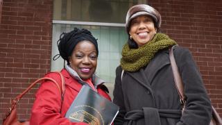 Janice Marie Johnson, UUA director of Multicultural Ministries and Leadership, and Taquiena Boston, director of Multicultural Growth and Witness, outside Brown Chapel AME Church in Selma, Alabama