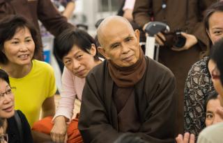 Thich Nhat Hanh listening deeply to his students in Hong Kong, 2013.