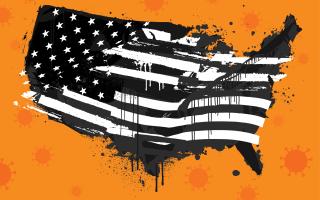 Illustration including a map of the USA with a black and white US flag superimposed, with an orange background of Covid viruses.