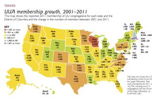 U.S. map showing UU congregational membership growth by state, 2001–2011