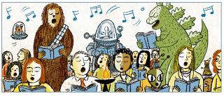 Illustration of congregation including science fiction characters singing from a hymnal. 