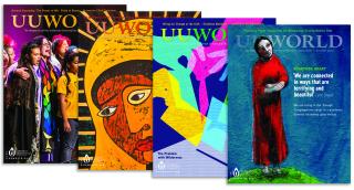 Four UU World magazine covers, overlapping.