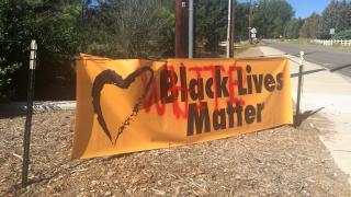 vandalized Black Lives Matter banner in Reno, Nevada