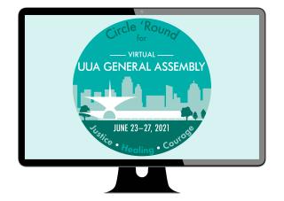 Illustration of a computer with the 2021 UUA General Assembly logo