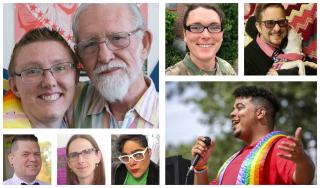 Selfies of trans UU professionals Sam Allen, Tesni Taylor, Steven Leigh Williams, Marcus Fogliano, Theresa I. Soto, Andrée Mol, and Chris Rothbauer