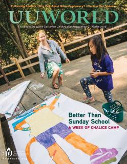 Cover of Winter 2018 UU World magazine. Image description: At Chalice Camp in Oakland, California, children draw superhero figures for a day of camp about using one’s “super powers” to make the world a better place.
