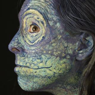 Zoomorphic #2: photograph of a woman with her face, neck, and shoulders painted to resemble a chameleon.