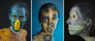 Three photographs of the same woman with her face painted to resemble things from nature. From Shelby Meyerhoff's "Zoomorphics" series.