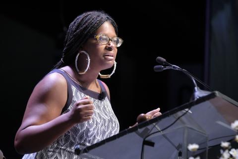 UUA Co-Moderator Elandria Williams (who died September 23, 2020) addresses the 2018 General Assembly in Kansas City, Missouri.