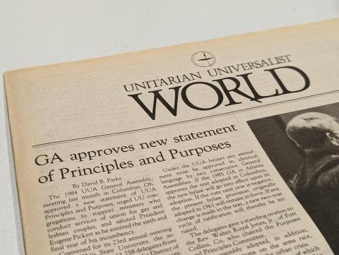 A newspaper with the title Unitarian Universalist World.