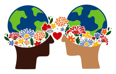 An illustration of two people facing each other. Their minds reflect planet earth and blooming wildflowers of bright colors.
